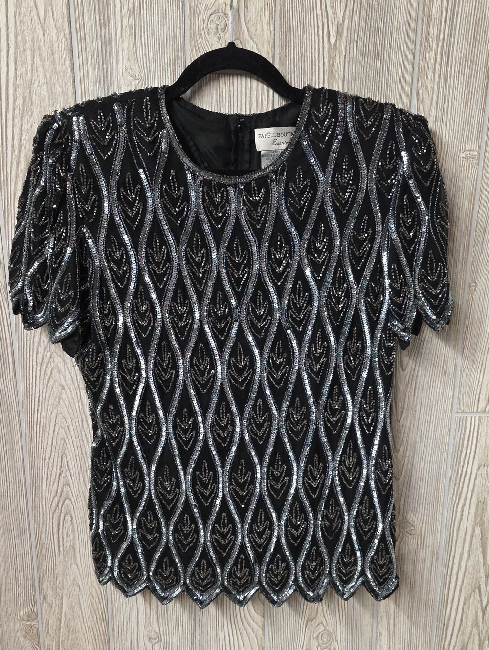 Papell Boutique Evening Black Silk Silver Sequin Beaded Top Vintage Womens M